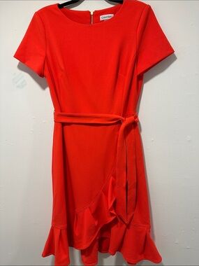 Calvin Klein Bright Orange Short-Sleeve Belted Ruffle Dress 273
